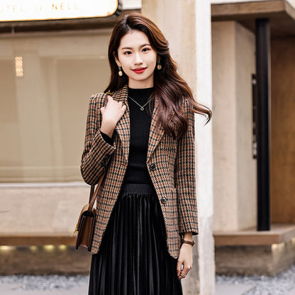 Coffee color houndstooth suit jacket women's spring 2023 new high-quality small casual plaid small suit spring 