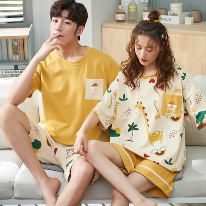 Strict selection of new summer cotton couple pajamas women's short-sleeved casual simple shorts students cute home service suit 