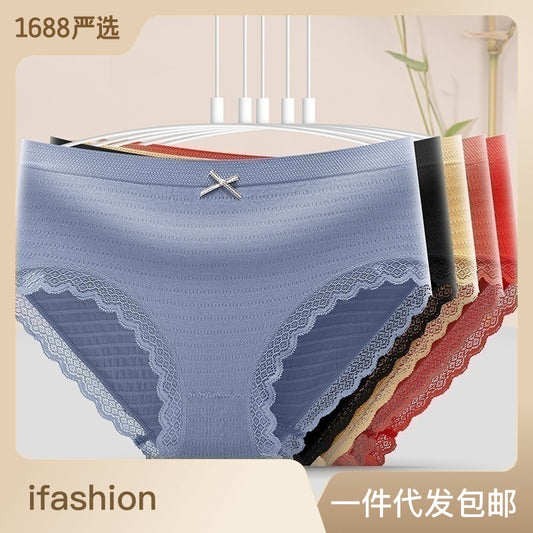 Explosive style seamless graphene moisture-wicking antibacterial panties ladies sexy lace mid-waist pure cotton bottom girls briefs 