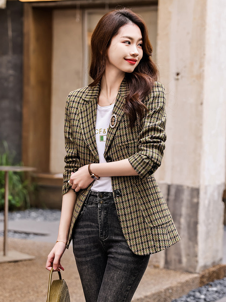 Coffee color houndstooth suit jacket women's spring 2023 new high-quality small casual plaid small suit spring 