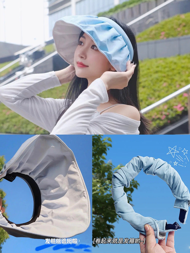 Shell cap headband women's summer anti-ultraviolet sunshade breathable empty top hat students show face small foldable headband cap 