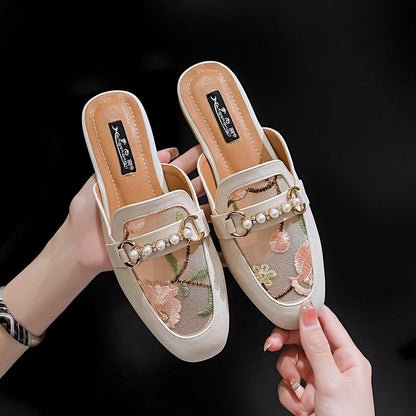 Soft leather British style Lok Fu half slippers women's summer outer wear 2023 new breathable Baotou mesh gauze without heel sandals 