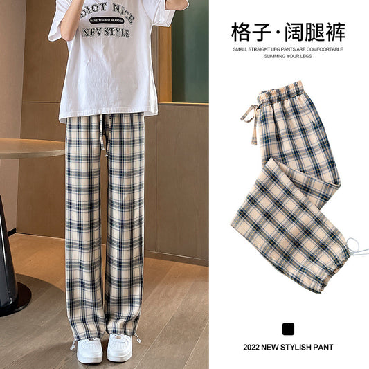 2022 new ice silk plaid wide-leg pants women's summer thin sports high waist drape slim straight casual pants 