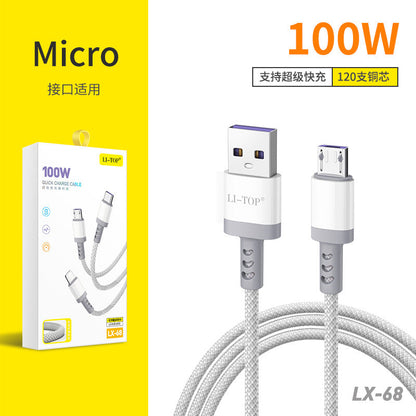 Rio Tinto 100W 3-in-one ဒေတာကေဘယ် 6A အမျိုးအစား-c အမြန်အားသွင်းကြိုးအတွက် သင့်လျော်သော ကွေးညွှတ်ကျစ်ထားသော နိုင်လွန်ကြိုး