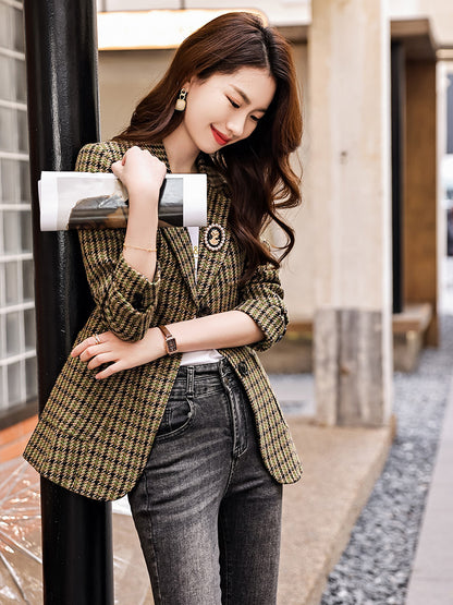 Coffee color houndstooth suit jacket women's spring 2023 new high-quality small casual plaid small suit spring 