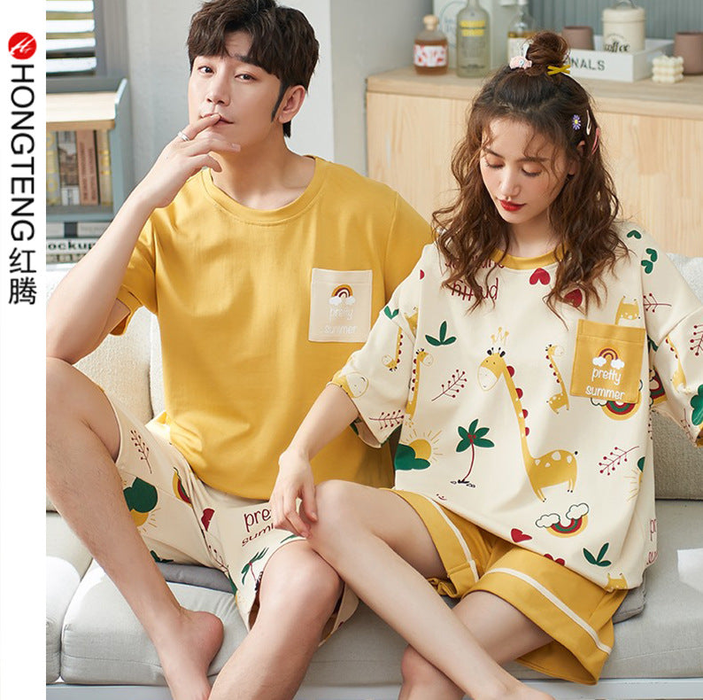 Strict selection of new summer cotton couple pajamas women's short-sleeved casual simple shorts students cute home service suit 